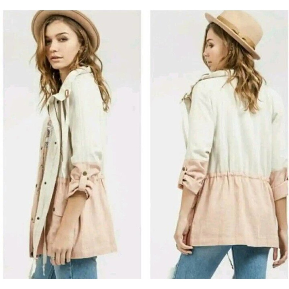 Blu pepper color block linen utility jacket Pink Tan size women's Small Nice Zip